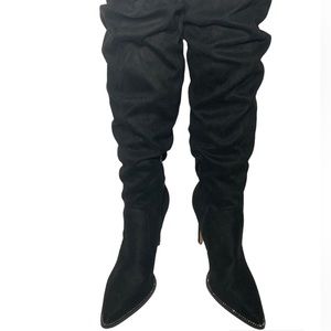 Mix No. 6 Black Knee High Rhinestone Toe Gently Preloved Faux Suede Boot Sz 8.5